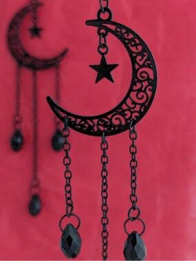 Gothic Black Crescent Moon & Star Long Dangle Earrings 🖤🌙✨🖤
